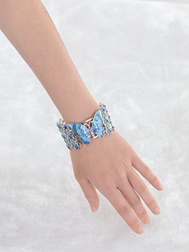 Alilang Silver Tone Blue Enamel Floral Crystal Rhinestone Flower Butterfly Cuff Bangle Bracelet #TOP4