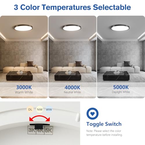 Image of 12 Inch Hardwired Dimmable LED Flush Mount Ceiling Light Fixtures, 24W 2640LM 3000K /4000K /5000K, House Upgrade Led Lights for Bedroom Hallway Laundry Room Rental Units, 240W Equiv., Black