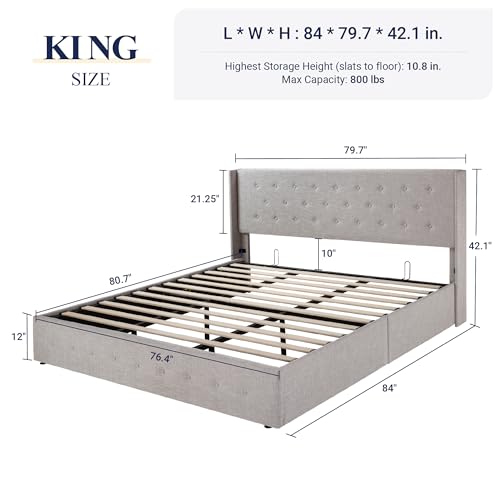 Allewie King Size Lift Up Storage Bed, Button Tufted Headboard with Wingback, Hydraulic Support, No Box Spring Needed, Light Beige