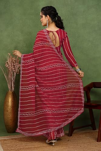 Image of MIRCHI FASHION Saree for Woman Georgette Solid with Satin Stripes | Stone Border Farewell and Ceremonial Sari with Blouse Piece