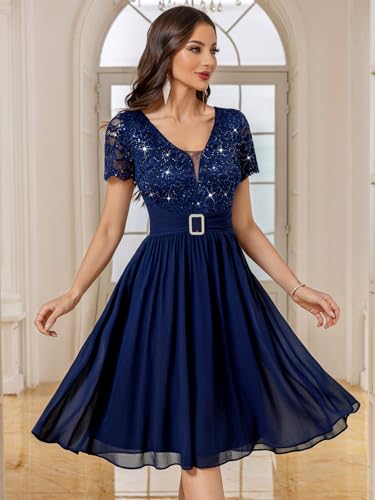 Miusol Women's V-Neck Sparkling Sequin Short Sleeves Empire Waist Cocktail Prom Dress4