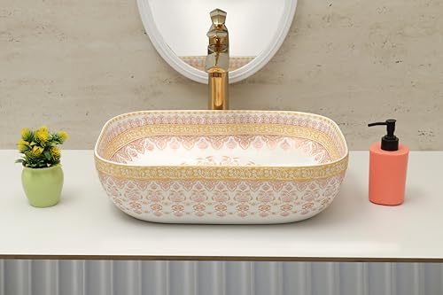 Image of Moroccan Design Ceramic Tabletop Wash Basin | Countertop Vessel Sink | Wash Basin over counter For Bathroom Hotel Home (18x13x5.5 Inch) (TORO 4014) (Moroccan Design 105)