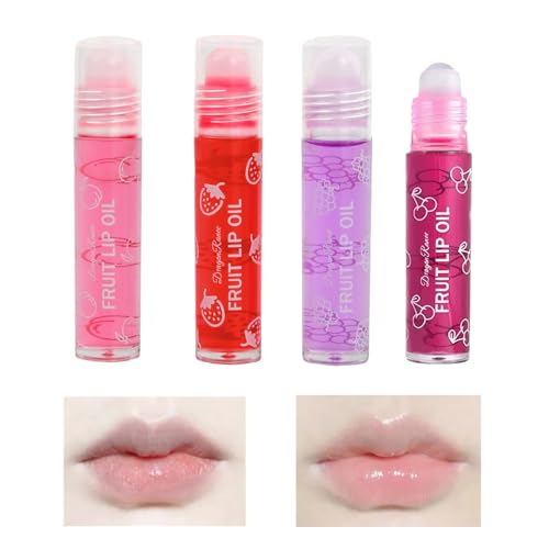 4 Pcs Roll On Lip Gloss, Feuchtigkeitsspendend Glitzer Lipgloss Set, Farblos Lip Glow Oil, Feuchtigkeitsspendendes Roll-on Lippenöl, Fruchtig Lippenbalsam für Lippenpflege Trockene Lippen