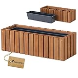 HOMERZO Jardinera de madera rectangular – marrón impregnada, con inserto de plástico extraíble – Maceta para balcón, jardín y terraza (Vertical-marrón, 65x23 H20)
