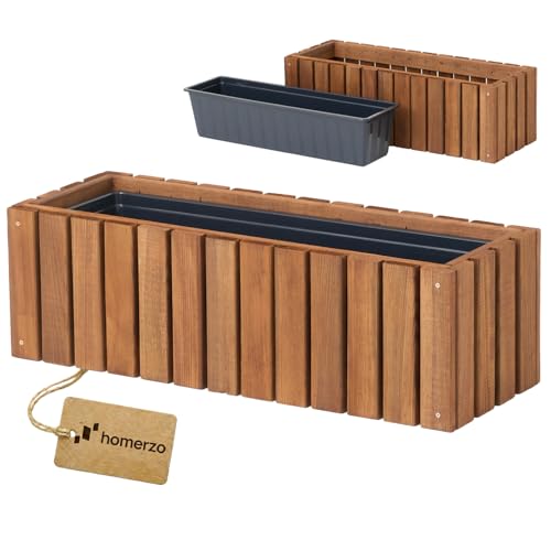 HOMERZO Jardinière en bois rectangulaire – brun imprégné, avec insert en plastique amovible – Pot de fleurs pour balcon, jardin et terrasse (Vertical-brun, 65x23 H20)