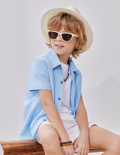 Image of Arshiner Boys Casual Short Sleeve Button Down Shirt Fashion Textured Summer Beach Shirt 3-13 Years Old