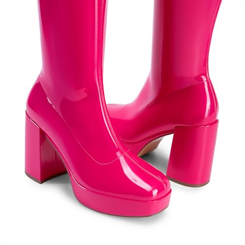 DREAM PAIRS Women's Platform Knee High Boots Chunky Block Heel Side Zipper Cute Gogo Boots,Size 11,Hot Pink,SDKB2418W