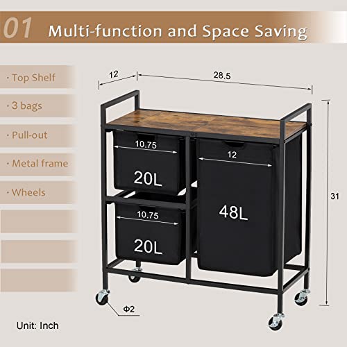 Daelifker Laundry Hamper 3 Section With Wheels, Shelf, Metal Frame And Removable Bag, Rolling Laundry Basket Organizer, Laundry Sorter Cart, Clothes Hamper For Laundry Room Organization (Black, 88L) #TOP5
