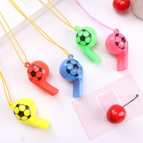 50 silbatos de plástico de colores para fútbol con cuerda miniatura 2