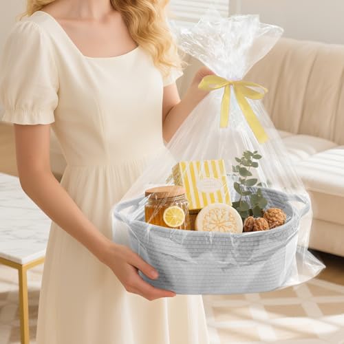 Image of Woven Basket with Gift Bags and Ribbons, 14 inchX 10 inch X 6 inch Storage Basket Grey | Gift Storage Organizer Basket Bin Shelf Shelves Cotton Rope Basket for Nursery, Pet Toys