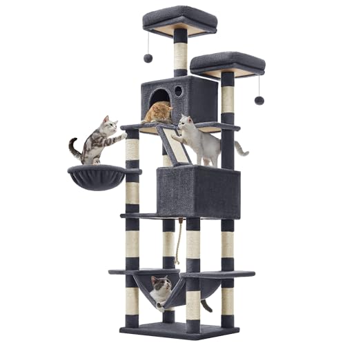 Feandrea Kratzbaum groß, 206 cm hoch, XXL Katzenbaum, mit 13 Kratzsäulen, 2 Plattformen, 2 Höhlen, Korb, Hängematte, Plüschbälle, mehrstöckiger...