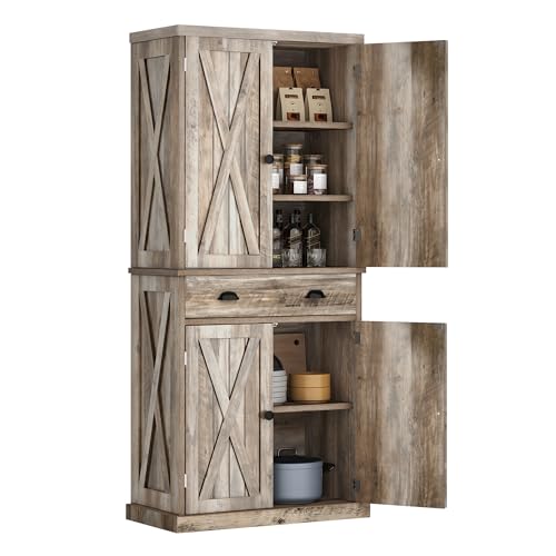 DWVO 72'' Tall Farmhouse Kitchen Pantry, Rustic Wood Kitchen Storage Cabinets with Adjustable Shelves & Drawer, Freestanding Cupboard for Dining Room, Living Room, Light Gray