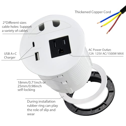 Image of Desktop Power Grommet with 33W Fast Charging USB-A+C, with 1 AC Power Outlet and 4.5FT Extension Cord Recessed Power Outlet for Conference Rooms, Office Tables, Furniture (White)