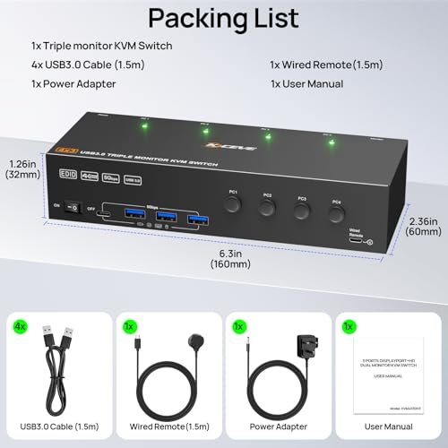 KVM Switch 3 Monitors 4 Computers 4K@60Hz,EDID Simulation,KVM Switch Triple Monitor for 4 Computer Share 3 Monitor and 4 USB3.0 Ports Keyboard Mouse Printer, Wired Remote and 4 USB Cables Included - Image 8