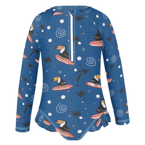 ALAZA Toucan Palm Tree Bird Blue Girls One Piece Swimsuit Long Sleeve Rash Guard Swimsuits UV 50+ Swimwear Zipper2