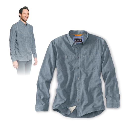Orvis Tech Chambray Long Sleeve Men's Work Shirts - Lightweight Quick-Drying UPF 40 Chambray Fabric Casual Men's Shirts