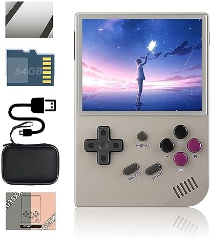 RG35XX Handheld Game Console 3.5 inch IPS Retro Games Consoles Classic Emulator Hand-held Gaming Console Preinstalled Hand Held Video Games System with Portable Case 64GB Retro Gray