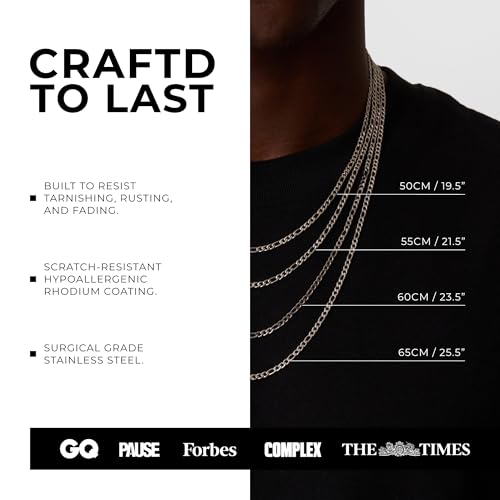 CRAFTD | Silver Figaro Link Chain | Durable Rhodium & 316L Stainless Steel | Waterproof, Heat & Sweat Resistant | Gifts for Men | Men's Jewelry |4
