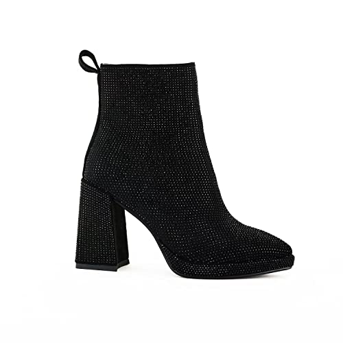 Women's rhinestone Ankle Boots Chunky Heels Sparkly Booties Ladies Zipper Party Prom Booties