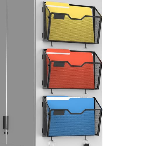 Docnest 3 Pack Magnetic Wall Mounted File Holders,Mesh Letter Organizer with Hooks, Magnetic Hanging Mail Paper Document Organizer for Office, Home, School, Black