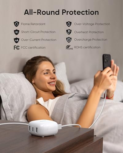 SUPERDANNY 6-Port USB Charger, 40W 8A Mini USB Charging Station, Charging Station for Multiple Devices, 4ft Cable, Compatible with iPhone, iPad, Galaxy, Pixel, for Travel, Cruise, White