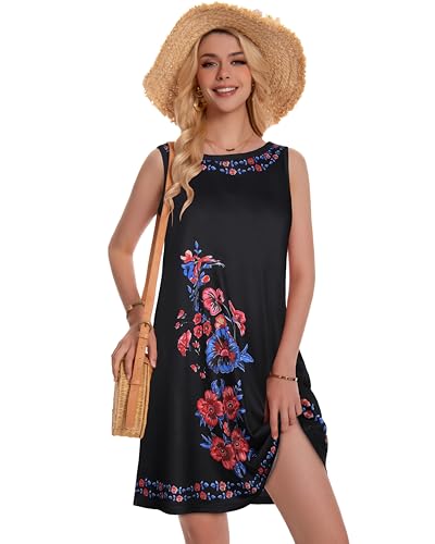 Image of Summer Dresses for Women Beach Boho Sleeveless Vintage Floral Flowy Pocket Tshirt Tank Sundresses 2026