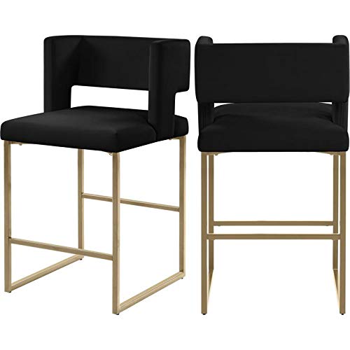 Meridian Furniture Caleb Collection Modern | Contemporary Counter Height Stool With Unique Square Back And Sturdy Iron Legs, Set Of 2, Black Velvet, 19.5" W X 20.5" D X 36" H #TOP16