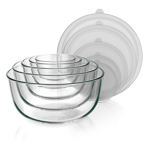 Arendo - Rührschüsseln aus Glas mit Deckel - Glasschüssel 5er Set - 1000ml + 1500ml + 2000ml + 2700ml + 4400ml – Rührschüsseln klein bis groß – Borosilikatglas - Salatschüssel Glasschale