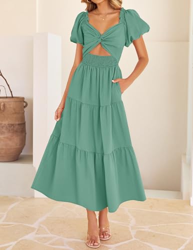 Image of ZESICA Womens Summer Casual Flowy Vacation Maxi Dress 2026 Short Puff Sleeve A Line Smocked Cutout Beach Party Dresses