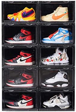 K.T.Z Magnetic Side Open Transparent Plastic Storage Shoe Box Stackable Foldable Storage Shoe Box Sneaker Storage Box Clear Plastic Shoe Boxes Size:14.2X11X8.7 Inch (D Style Black, 10 PCS)