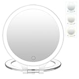 FACSINATE 鏡 卓上 化粧鏡 ミラー スタンドミラー メイク 薄さ1.5㎝ 拡大鏡付き 省エネ折り畳み式 3段階明るさ調整 立て掛け式 業界 レベル 角度調整 (ホワイト(ポーチ付き）)