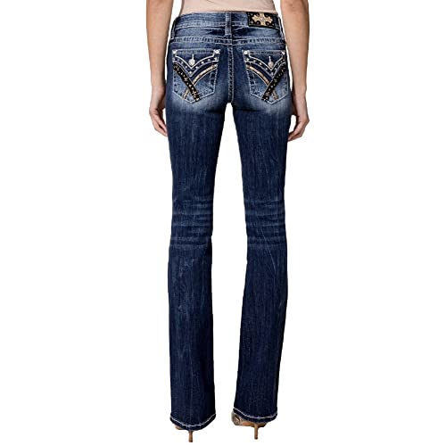 Miss Me Women's Mid-Rise Night Stars X Embellished Boot Cut Jeans With Faux Flap Pockets (Dark Blue, 29W X 34L) #TOP29