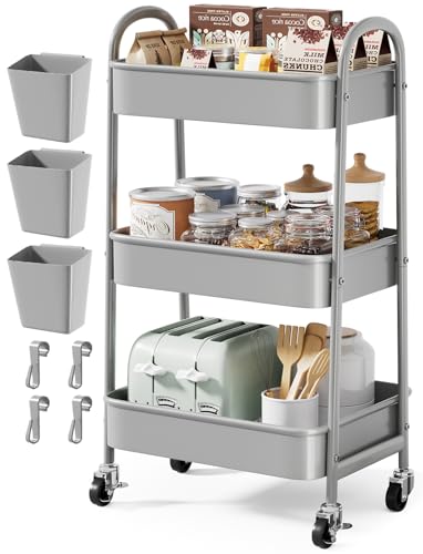 Gray 3 Tier Rolling Storage Cart on Wheels, Sturdy Metal Organizer Cart with Wheels and Handle, Three Tiered Utility Carts for Book, Art, Craft, Snack, Cleaning, Kitchen, Easy Assembly, Mesh Shelves
