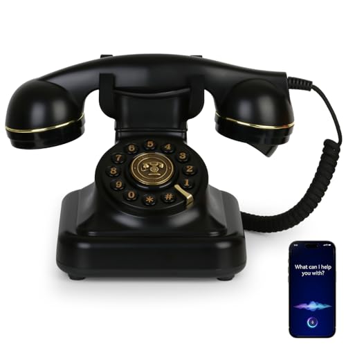 Vintage Bluetooth Phone, Retro Desk Telephone with Gold Accents, Connects to Smartphone via Bluetooth, Voice Assistant Support, Loud Nostalgic Ringtones for Home & Office,Black