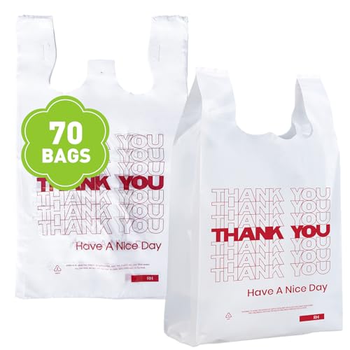 Soeos Thank You Plastic Bags, 70 Count, White Shopping Bag with Handles for Grocery, Convenient Store, Restuarant (Made in USA)