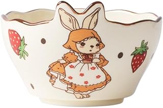 Ceramic Tableware Pasta Plate Bowl and Cup Combination Household Cartoon Cute Set Dinner Snack Breakfast Dessert Bird's Nest Salad Fruit Ice Cream Soup(4.5" Bowl-Strawberry)