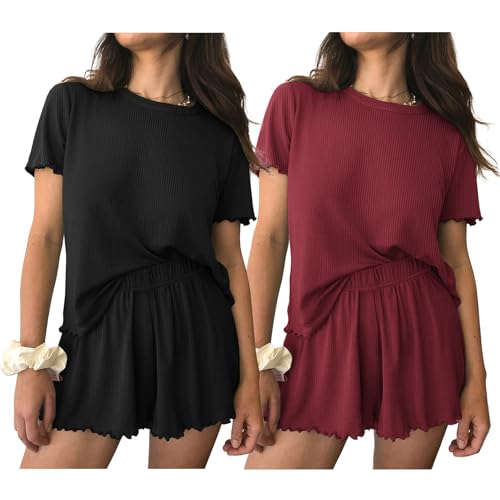 Image of Ekouaer 2 Packs Women Pajama Set Short Sleeve Sleepwear Soft Top and Shorts | Casual Pjs Outfits Ribbed Knit Lounge Set with Pockets