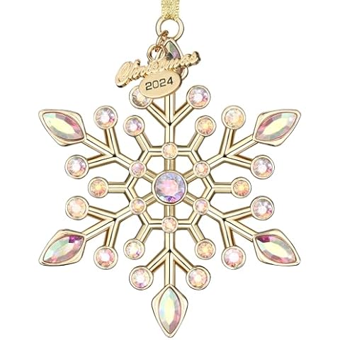 Venhoo Christmas Snowflake Ornaments 2024 Decorations Metallic Hanging Rhinestones Glitter Snow Flake Christmas Tree Decorations Indoor for Winter Home Window Room Door-Gold Cover