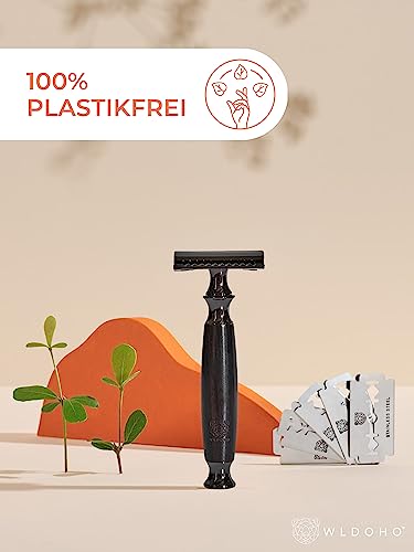 Foto von WLDOHO® Rasierhobel für eine sanfte Nass-Rasur aus Ebenholz, Plastikfrei & Umweltfreundlich I Damen & Herren Sicherheitsrasierer geschlossener Kamm I Rasierer mit 5 Astra Rasierklingen | ACYL