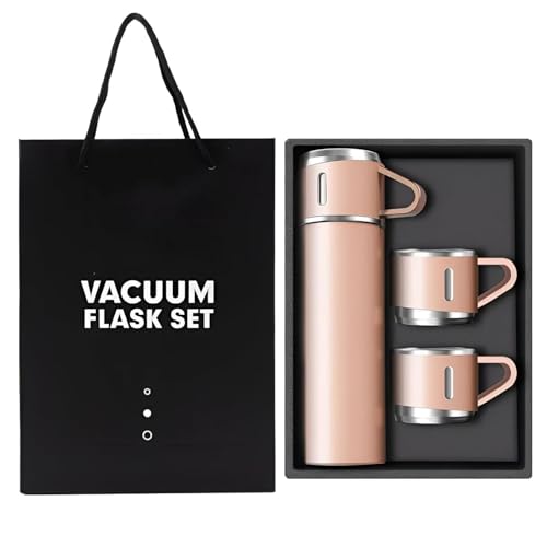 Image of Double Wall Stainless Steel Thermo 500ml Vacuum Insulated Bottle Water Flask Gift Set with Two Cups Hot & Cold Diwali Gifts for Employees Corporate Gift Items (Peach*)(Multi Colour)