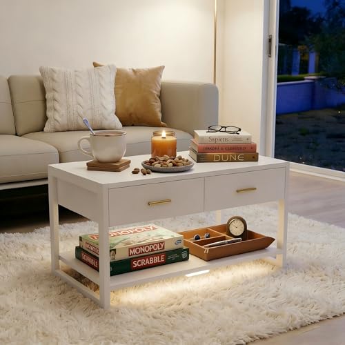 Image of Multi-Functional Coffee Table with Foot-Sensor Light, 2 Large Drawers & Open Shelf, Sturdy Frame Versatile Coffee Table with Vintage Metal Handle for Living Room /Office /Outdoor Patio
