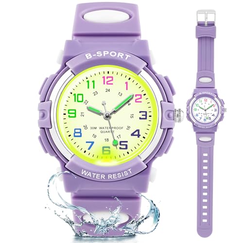 DTKID 7 Colorful Lights Children's Watch Boys Girls, Kids 30 M Waterproof Analog Watches Soft Rubber Band, Easy to Read Dial Time Lessons Wristwatch Children 5-18 Years Old
