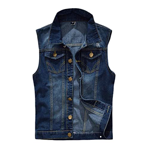 Lvguang Herr denim väst sliten förstörd vintage denim jacka casual jeansväst för fritid, Mörkblå, XL