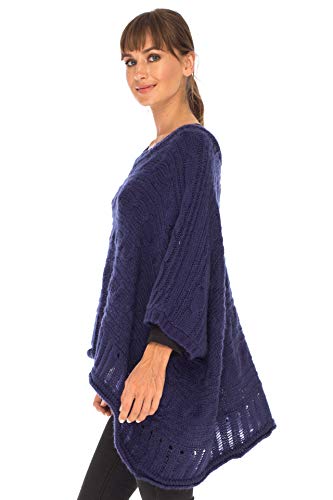Image of SHU-SHI Womens Oversized Cable Knit Sweater Cowl Neck Sleeved Poncho Topper Boho Casual