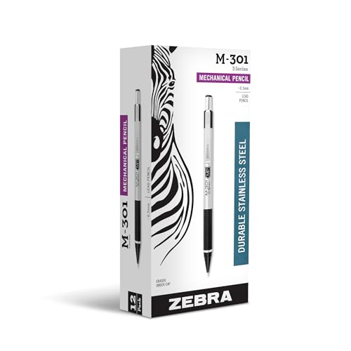 Zebra Pen, STEEL M-301 Mechanical Pencils, 0.5mm Fine Point, Refillable Lead, Stainless Steel Barrel, Built-in Eraser, Durable Clip, Lightweight Precision Pencil for Office or School, 12-Pack (54010)