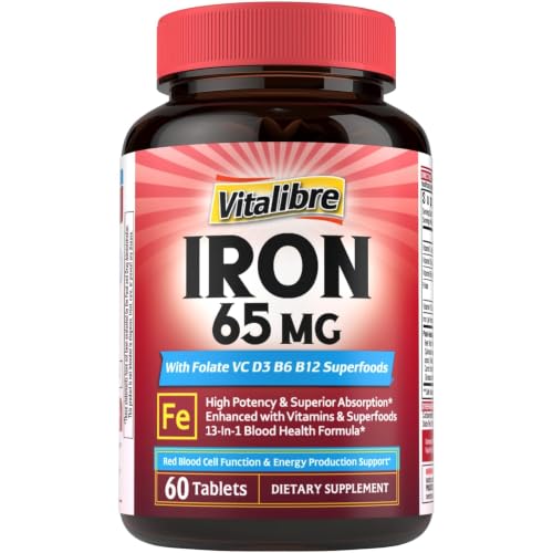 Vitalibre Iron Supplement for Women & Men, 65 mg, Ferrous Sulfate, Vitamin C, D3, B6, B12, Folate, Beet Root, Spinach, Pumpkin Seeds, Nettle, for Red Blood Cell & Energy Production, 60 Tablets