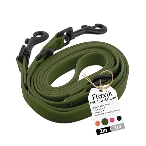 Floxik PVC Hundeleine 2m Grün | 3 Längen verstellbare Führleine für mittlere & große Hunde | Schmutz- & Wasserfest | Ideale Umhängeleine für das nächste Abenteuer mit deinem Liebling
