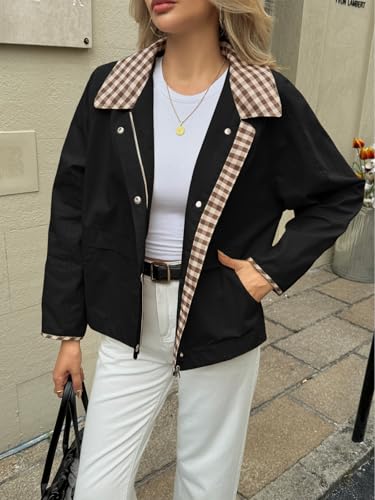 Tankaneo Womens Cropped Jacket Lightweight Casual Zip Up Barn Jackets Fall Contrast Plaid Outerwear Coat4