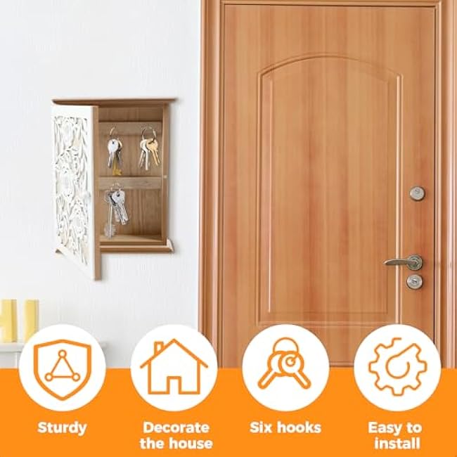 Wood Key Box, Wall Key Holder with 6 Key Hooks, Wood Key Cabinet, Multifunctional Holder Box for Entryway Doorway Hallway Living Room Bathroom