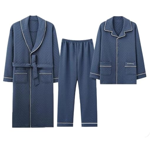 Pijamas de 3-PCs masculinos Conjunto de lapela V Pesh Colopado Cascado de algodão longo PJS de mangas compridas